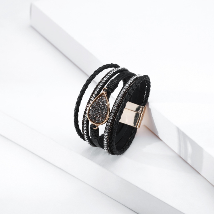 Bracelet En Cuir À Boucle Magnétique Multicouche Avec Diamant Goutte D&#39;eau Bohème display picture 6