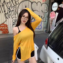 黄色斜领露肩长袖T恤女装夏季宽松防晒罩衫设计感不规则开叉上衣