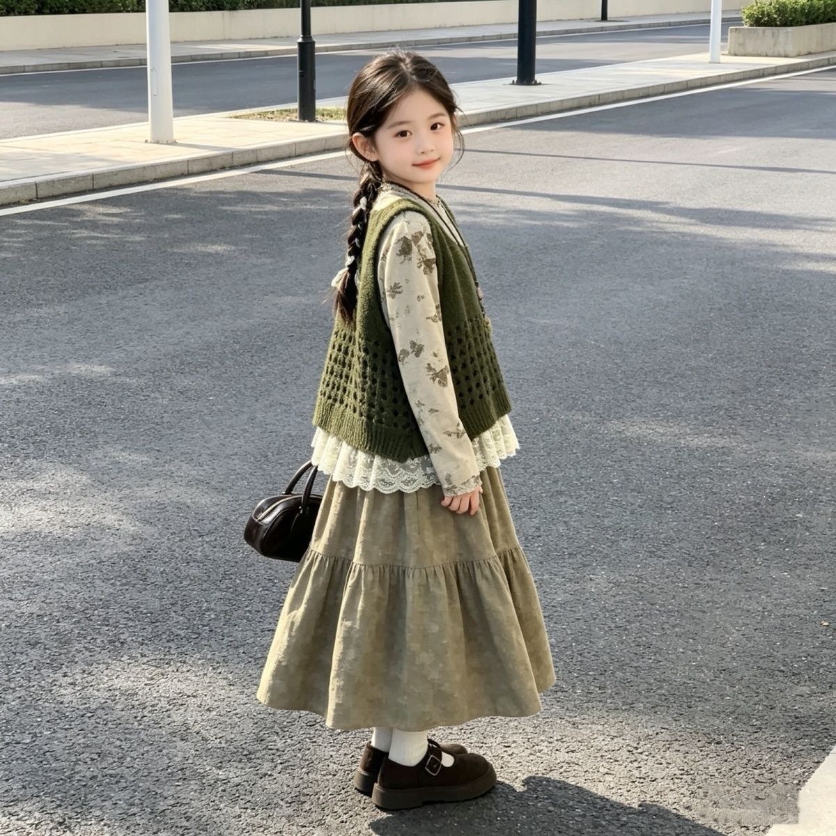 Girls' Autumn Outfit Set 2026 New Korean Style Spring and Autumn Children's Popular Long-Sleeved Casual Vest Dress Three-Piece Set