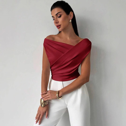 2025 European and American cross-border solid color sleeveless T-shirt women's simple style slim-fitting slim sleeveless short top