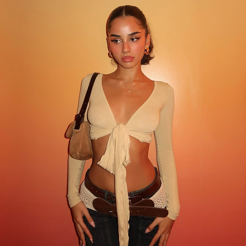 European And American Sexy Style Basic Versatile Skin-colored Strap Low V-neck Ultra-short T-shirt For Women, Slim Fit,_ecoleips.com