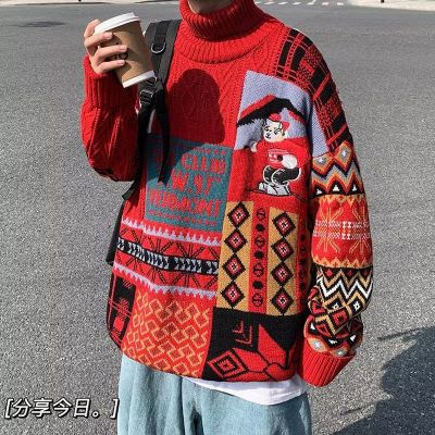 Navidad Hong Kong estilo retro oso suéter cuello redondo de los Hombres estilo perezoso suelta Otoño e Invierno ropa de punto de la pareja moda