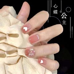Japanese cute style nail art short nail stickers with love butterfly, rhinestones, and pearls, half soft gel artificial nail stickers