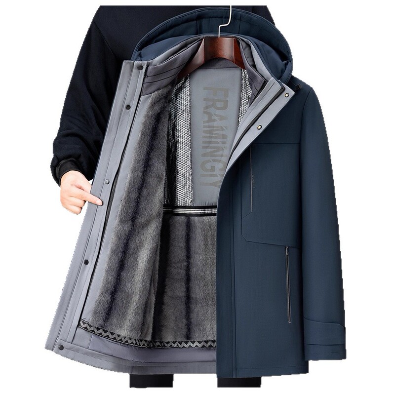 Men's Velvet Thickened Hooded Goose down Jacket Winter New Men's Middle-Aged Casual Removable Liner Jacket