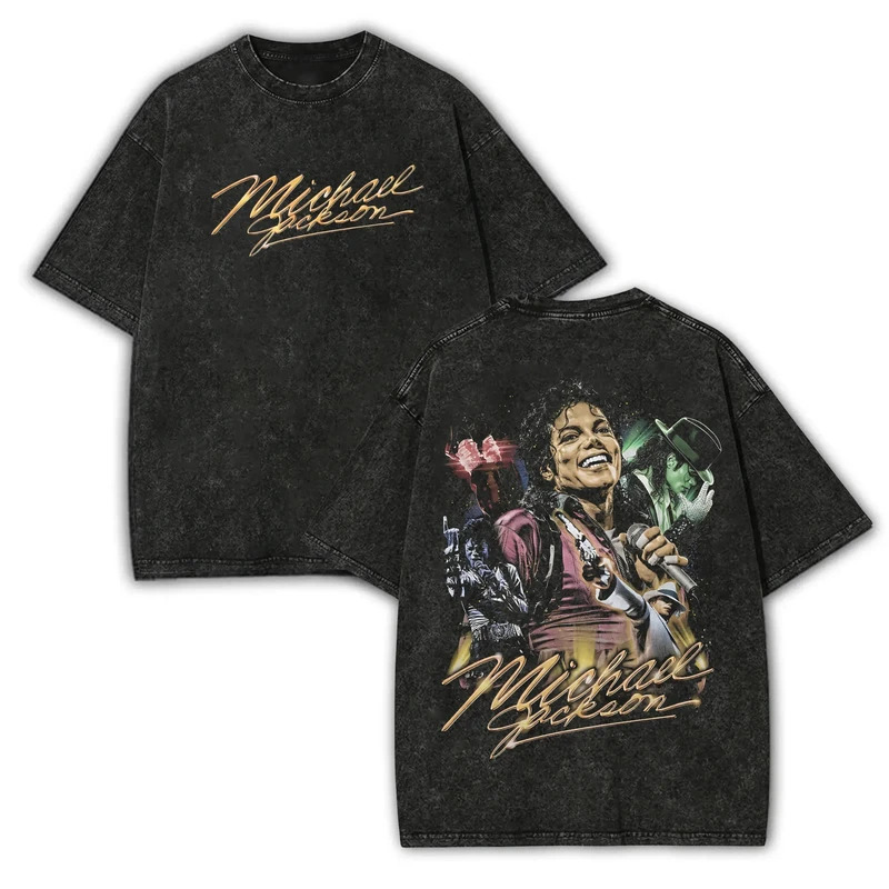 230g European Size Michael Jackson Film and Television Print Washed T-Shirt 230g European Size Michael Jackson Film and Television Print Washed T-Shirt