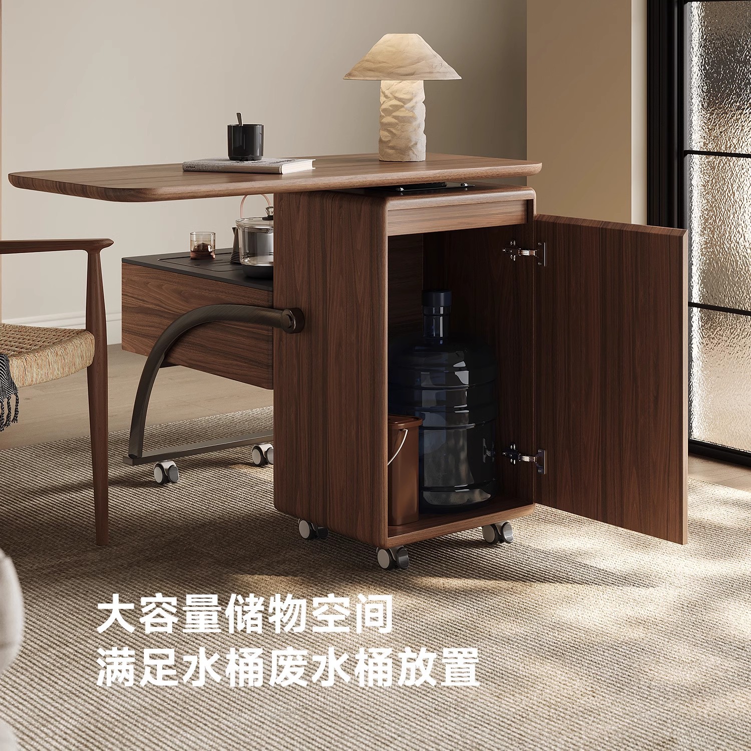 Mesa de té con balcón, kung fu doméstico pequeño, nuez, mesa de té móvil simple moderna, nuevo carro de té giratorio de madera maciza