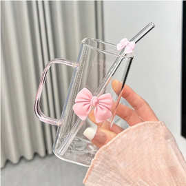ins风方形蝴蝶结玻璃杯带把手高颜值耐高温可爱仙女粉吸管水杯