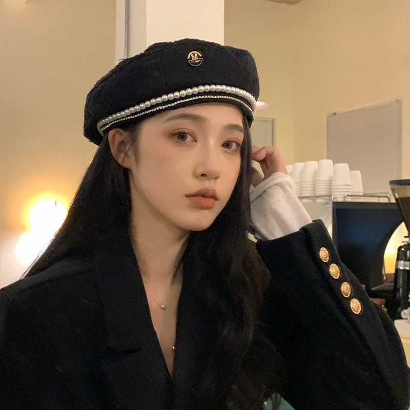 Fashionable trendy pearl beret for women, black internet celebrity, small fragrance, socialite, bud hat, Korean style,_voghion.com