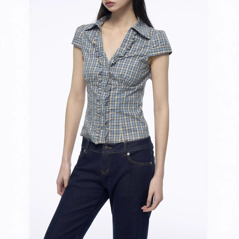 Archivum Blue Ruffled Striped V-Neck Regular Shoulder Waist-Cinching Design Shirt Short-Sleeve Top Summer