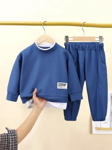 Gebaobao children's clothing Waffle 2024 fake two-piece sweater casual suit for men and women spring babies children children boys