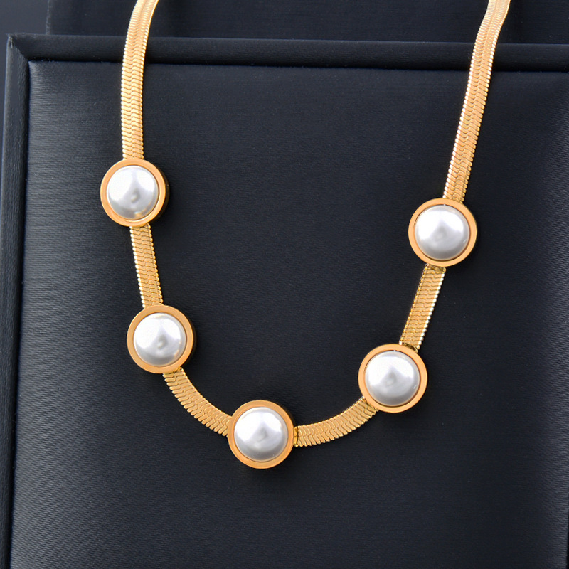 Fashion Heart Shape Titanium Steel Inlay Inlaid Gold Pearl Pendant Necklace 1 Piece