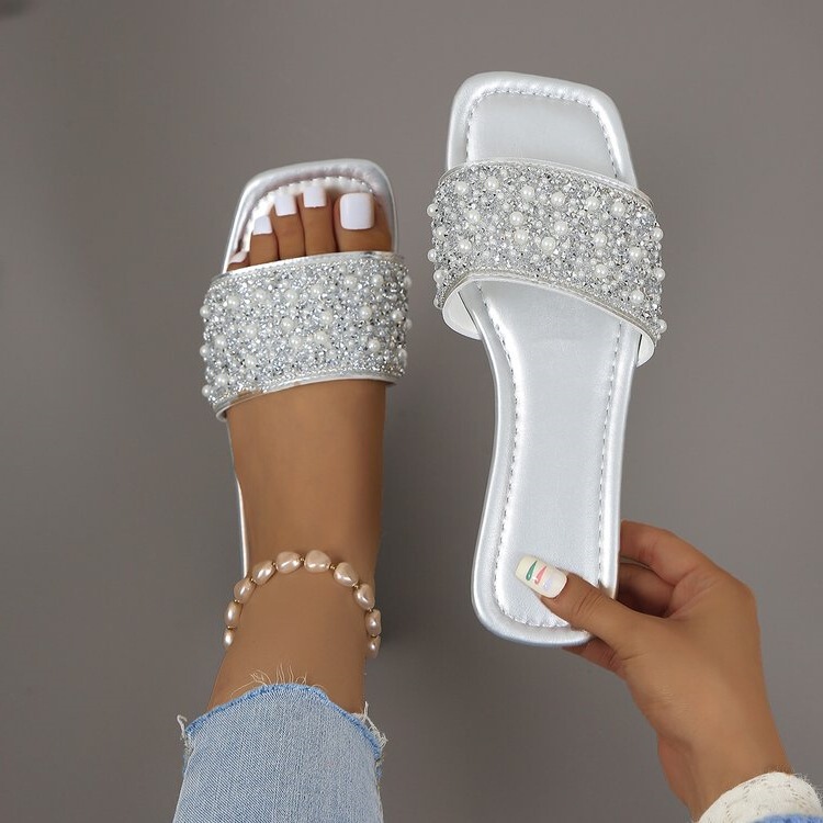 French-Style Sequin Fairy Shoes, Flat Slip-On Sandals for Outdoor Use, Black 2025 Summer Slippers, Versatile Flat Sandals