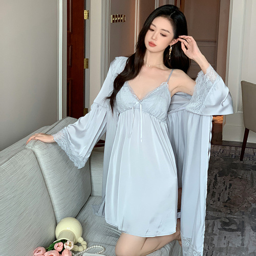 French new sexy suspender nightgown, spring, autumn and summer elegant ice silk French fairy dressing gown home wear two-piece set