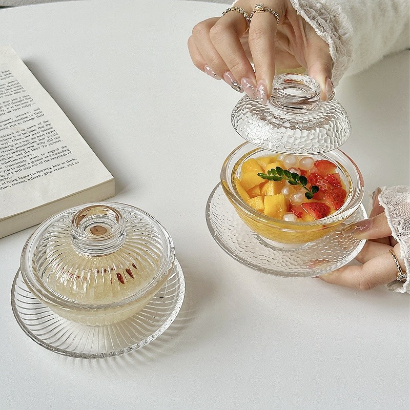 Hammered Pattern Bird's Nest Glass Bowl with Lid for Women's Household, Exquisite and High-End Sugar Water Small Stew Bowl, Dessert and Sweet Soup Bowl