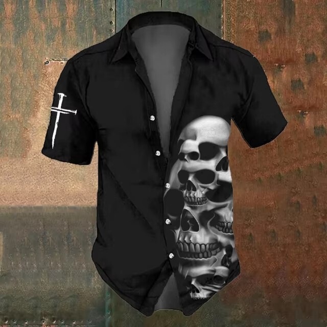 3D Printed Short-Sleeved Summer Fashion Men's Clothing Black Hawaiian Men's Skull Shirt 2024 Cross-Border Model