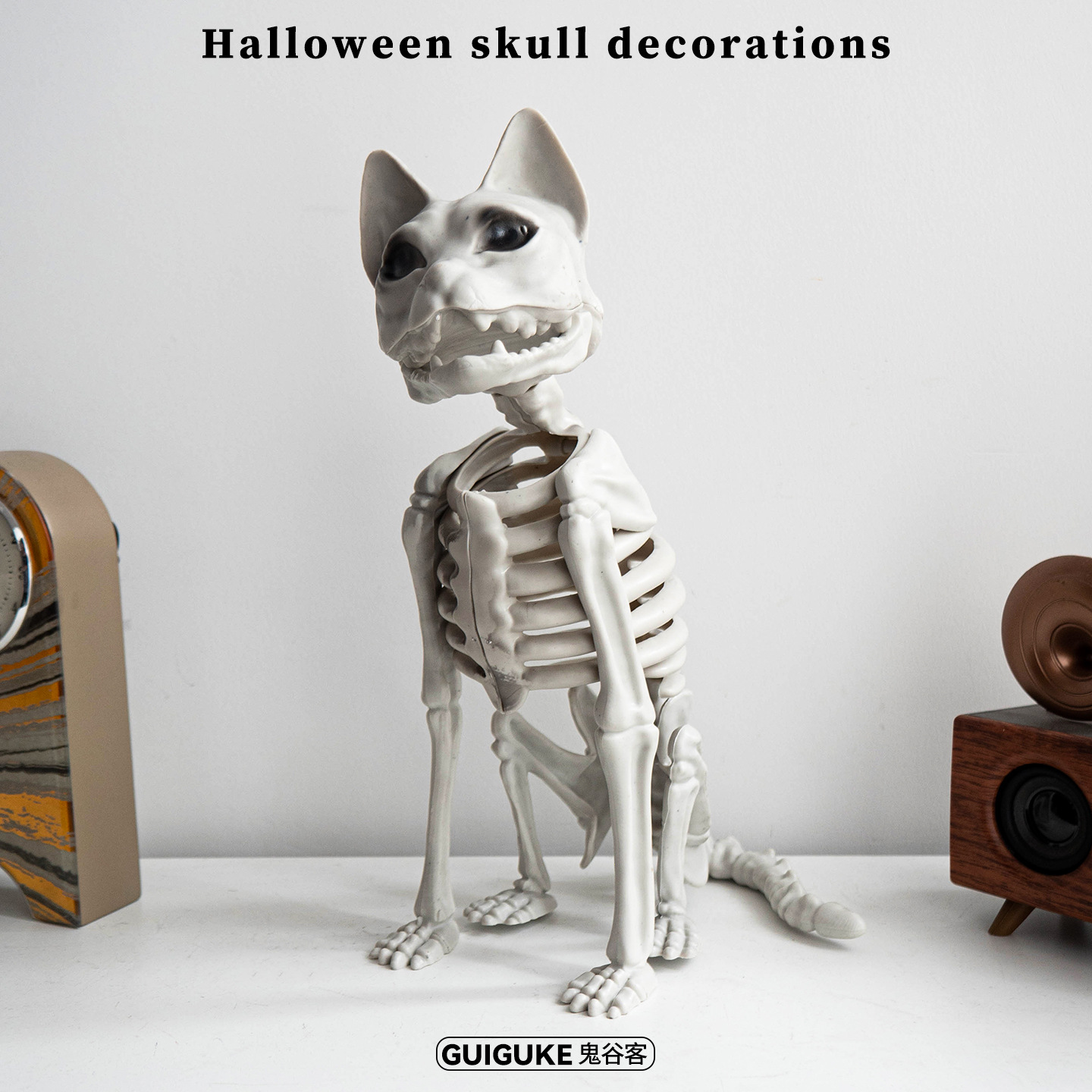 Halloween transfronterizo oscuro horror esqueleto animal accesorios de decoración de calavera gato sentado nuevo diseño casa embrujada