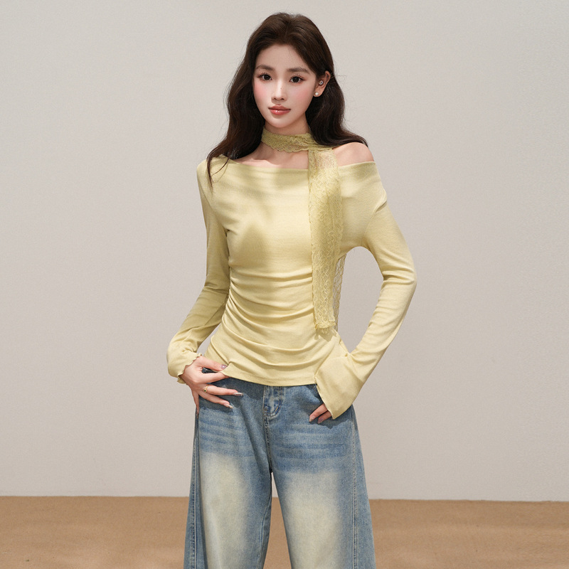 Jiyou Swing Tie Neckline Waist Slimming Irregular Long Sleeve T-Shirt for Women Autumn Beautiful Ruffled Inner Top