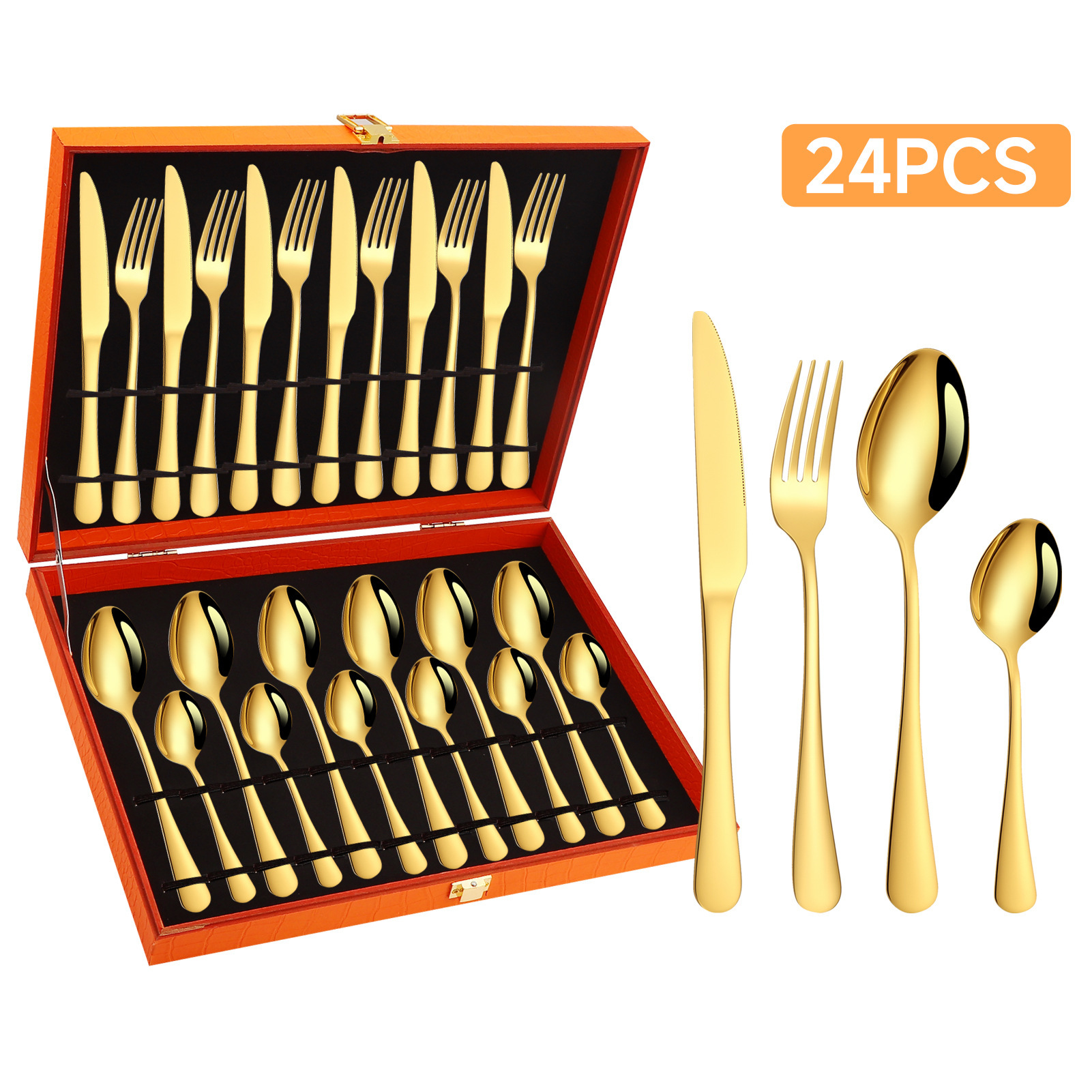 Conjunto de cubiertos de acero inoxidable transfronterizo de 24 piezas cuchillo de filete cuchara de cubiertos occidentales caja de regalo estado de ánimo cuchillo de huevo exportación