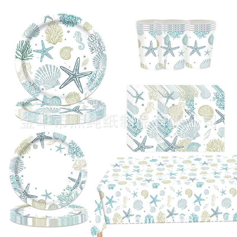 New Summer Ocean Shell Theme Party Decorations Children's Birthday Paper Plates Tablecloth Tableware Set Supplies