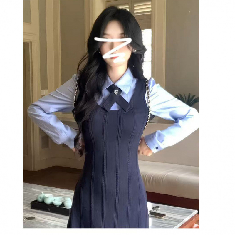 学院风假两件套装黑色背带连衣裙女秋冬季2025新款高级感内搭长裙|undefined