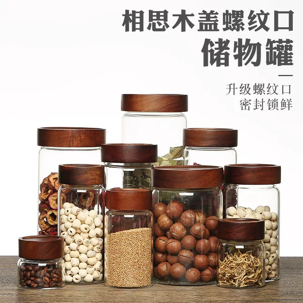 Acacia Wood Threaded Mouth Storage Jar for Organizing Daily Necessities, High Borosilicate Transparent Jar with Lid, Glass Sealed Jar
