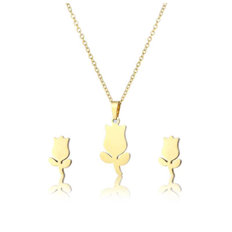 fashion gold-plated flower pendant stainless steel necklace earrings set