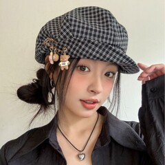 新款优雅复古千鸟格纹显脸小八角帽可卷边时尚文艺短檐休闲鸭舌