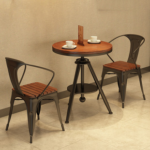 American Industrial Style Solid Wood Dining Table and Chair Combination, Milk Tea Shop Leisure Negotiation Table, Retro Adjustable Small Round Table