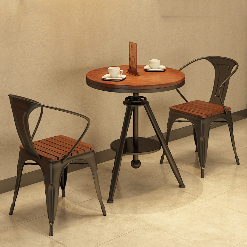 American Industrial Style Solid Wood Dining Table and Chair Combination Milk Tea Shop Leisure Negotiation Dining Table Retro Adjustable Small Round Table