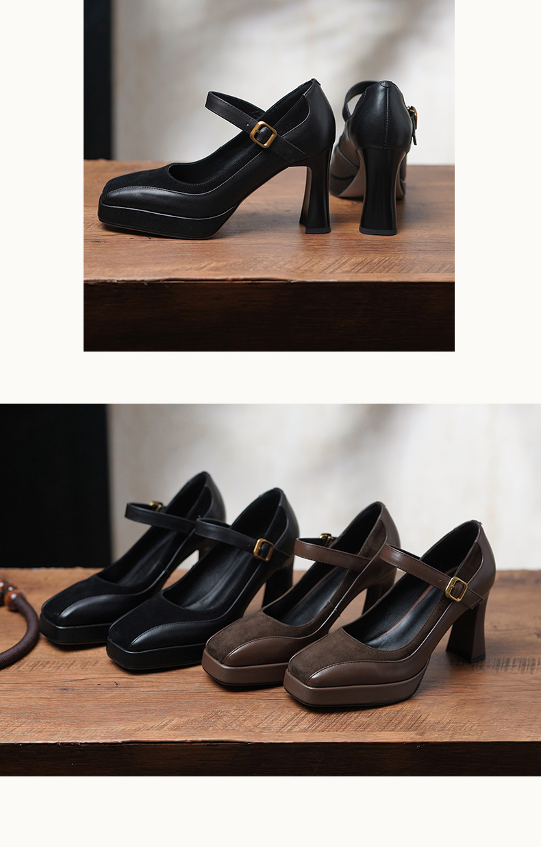 Giày cao gót nữ gót vuông 9 cm cổ điển quai một chữ khóa, mũi nhọn nông, đế dày — màu nâu chi tiết 8