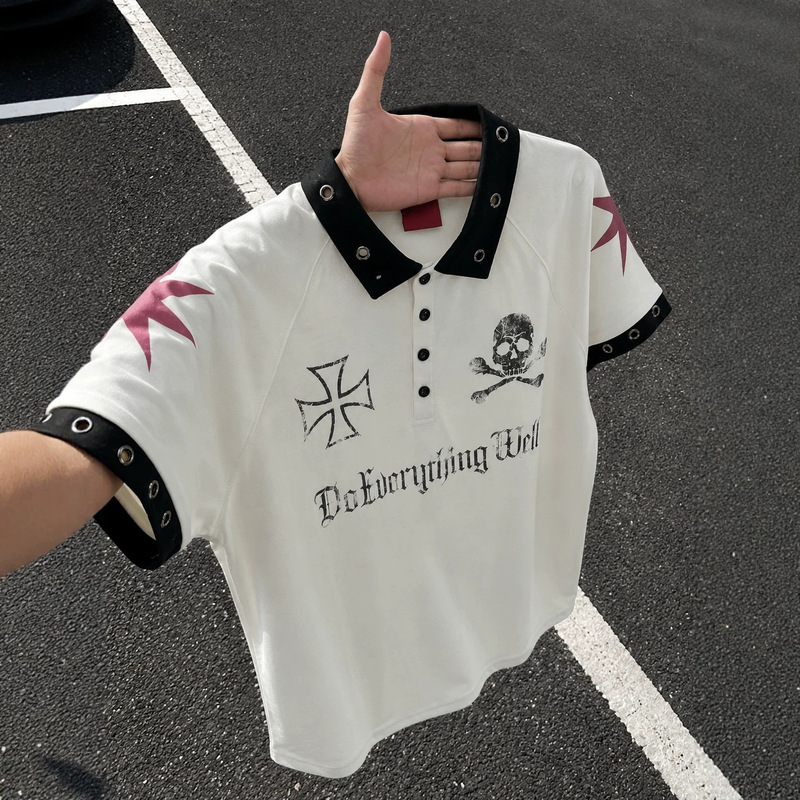 Skull and Cross American Retro Street Style Digital Jersey Design Subculture Short-Sleeve Polo Shirt for Men and Women Trendy