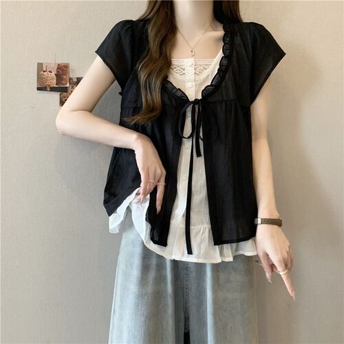 French retro lace splicing fake two-piece top for women's summer new preppy style loose lazy all-match Western-style blouse