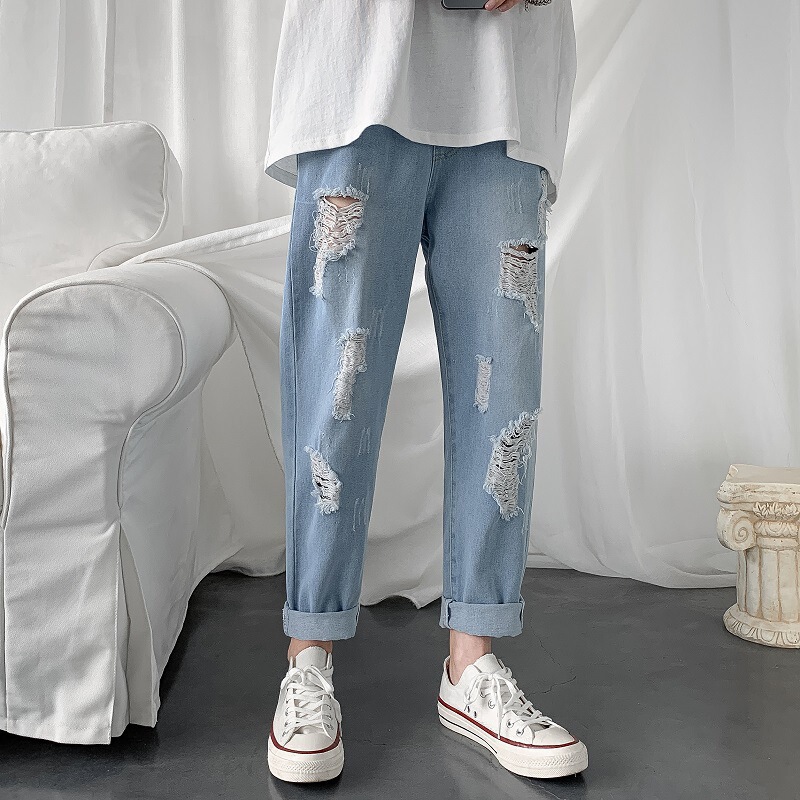 Hong Kong Style Summer Nine-Point Jeans for Men, Personalized Scratched Loose Korean Style Ripped Student Summer Elastic Waist Beggar Pants Hong Kong Style Summer Nine-Point Jeans for Men, Personalized Scratched Loose Korean Style Ripped Student Summer Elastic Waist Beggar Pants