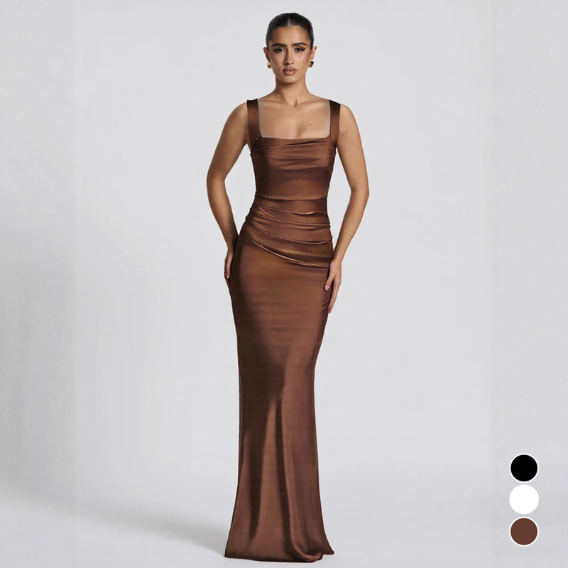 Dz Cross-Border European and American Style Sexy Pleated High-End New Dress Slimming Suspender Elegant Banquet Evening Dress Long