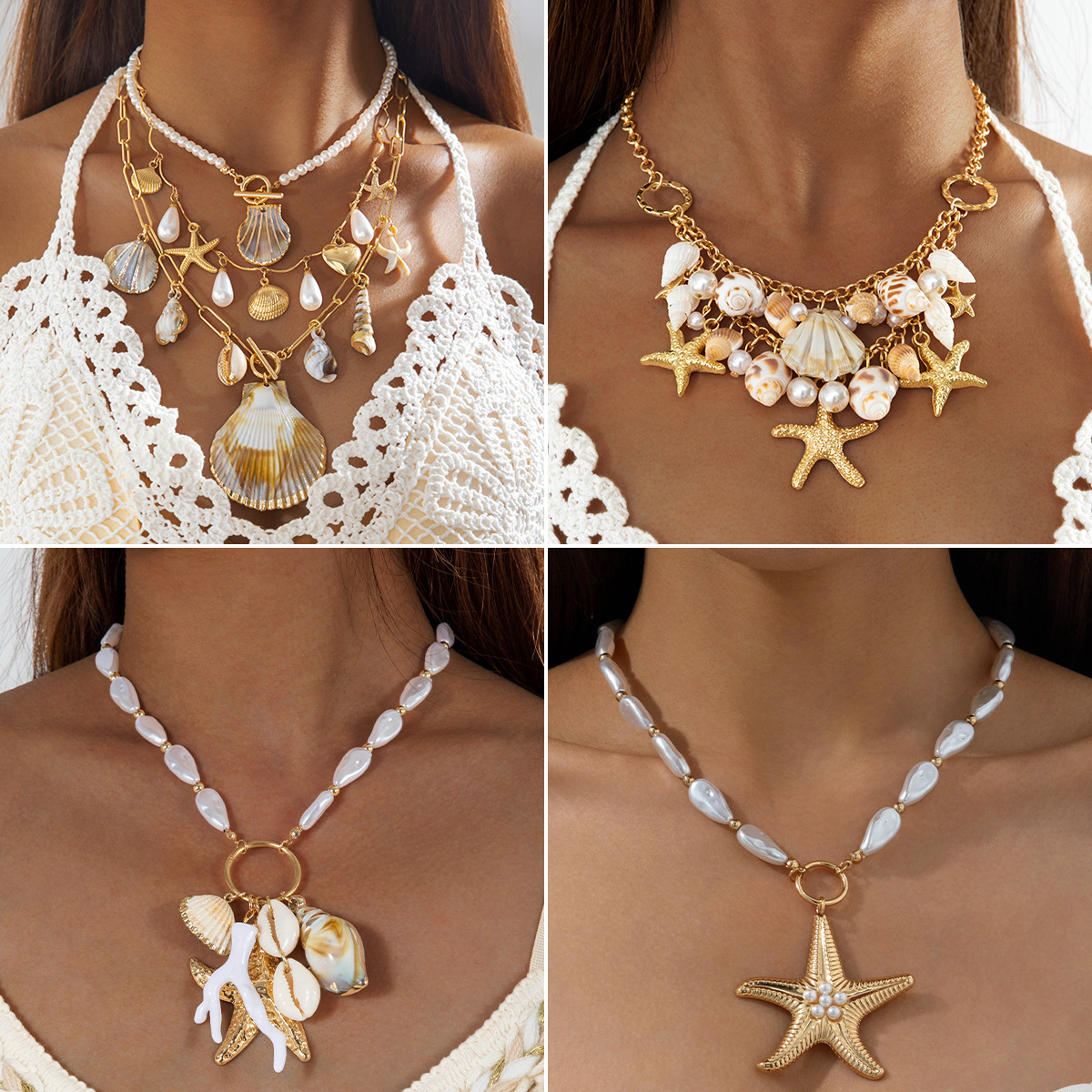 Shell Jewelry Bohemian Style Shell Starfish Pendant Necklace Design-Inspired Faux Pearl Exaggerated Necklace for Women