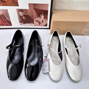 ZA Flats Shoes for Women 2024 Summer New Big Red Patent Leather Mary Jane Flats Ballet Shoes Flats Women's Shoes