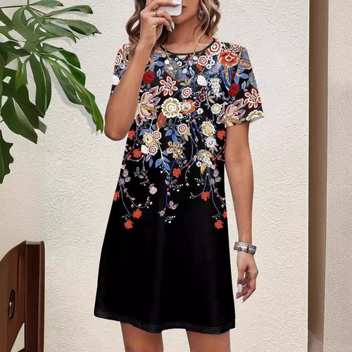 Simple, loose-fitting summer dress with a round neckline and short sleeves—perfect for casual wear, featuring a goddess-inspired hemline and stylish layered design that flatters your figure.