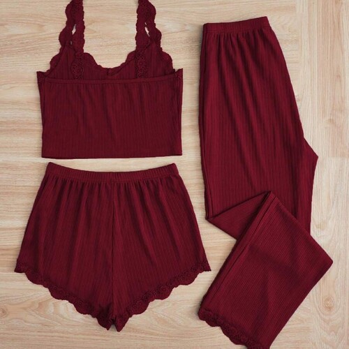 【Win Cup Cross-Border Strict Selection】Cross-Border Bestselling European and American High Elastic Lace Edge Strappy Short Long Pants Set of Three for Women