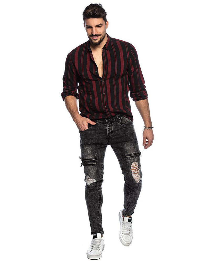 2023 Camicie primaverili Camicie a righe verticali da uomo Camicia slim da uomo con risvolto Camicia casual a maniche lunghe Camicia da smoking maschile Chemise Homme_voghion.com