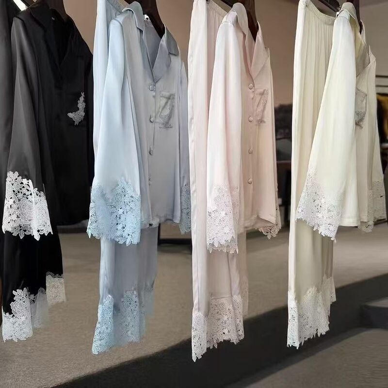 Pajamas Women's Spring and Autumn Thin Ice Silk Autumn Long Sleeve Lace High-end Sense Home Clothes Two-piece Set White Blue