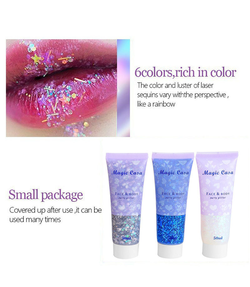 MAGIC CASA Mermaid Scale Sequin Gel Facial Body Lip Sequin Eyeshadow Dazzling Polarized Stage Makeup Application Scenario