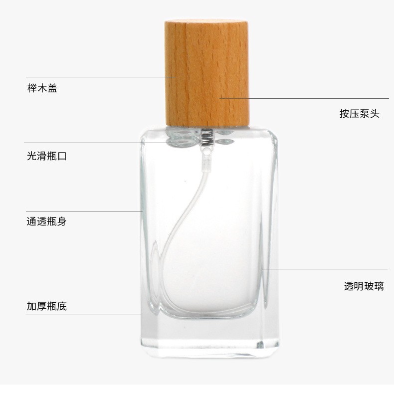 30ml 50ml 100ml 卡口玻璃香水瓶子裸瓶方柱形透明按压喷雾瓶便携