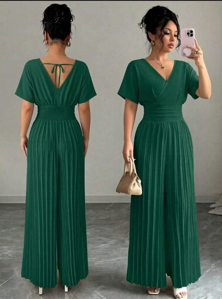 2026 nuevo estilo de viaje europeo y americano elegante color sólido cuello en V manga corta cintura doblada plantares pantalonés de pierna ropa de mujer