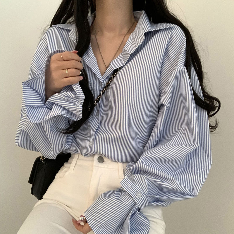 韩国chic法式小众秋装设计感细条纹宽松衬衫女简约内搭长袖上衣潮|undefined