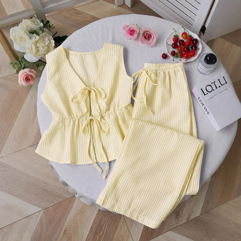 Solid Color Striped Suit Casual Lace-Up Versatile Suit Summer Vest Loose Lace-Up Solid Color Casual Sweet Trousers