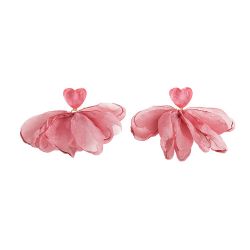 Sweet rose pink love heart chiffon fabric earrings sweet forest chiffon petal earrings temperament holiday style earrings