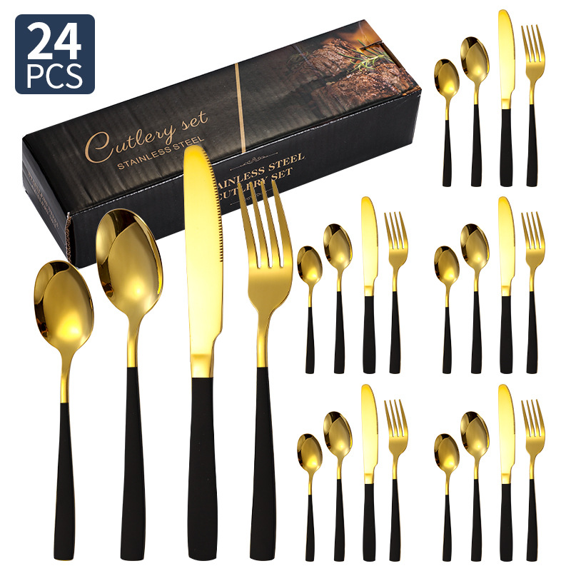 Transfronterizo Amazon cubiertos de acero inoxidable de mango cuadrado 20 / 24 / 30 piezas set cuchillo de filete de comida occidental tenedor cuchara set box