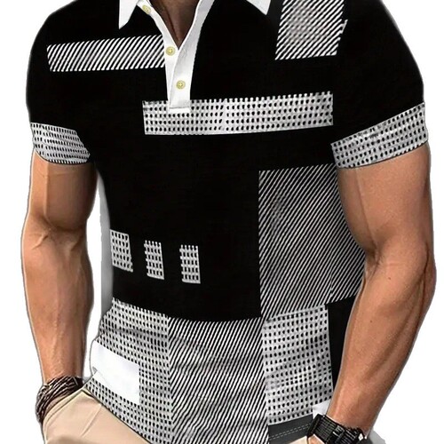 Summer new style striped short-sleeved men's blue loose casual 3D printed lapel polo shirt top