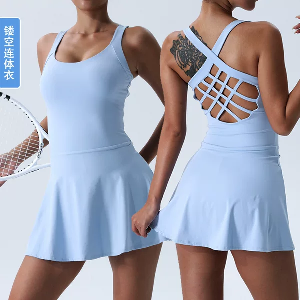 Amazon Summer Beautiful Back Breathable One-Piece Tennis Skirt Sexy Outdoor Yoga Suit Sports Yoga Wear for Women