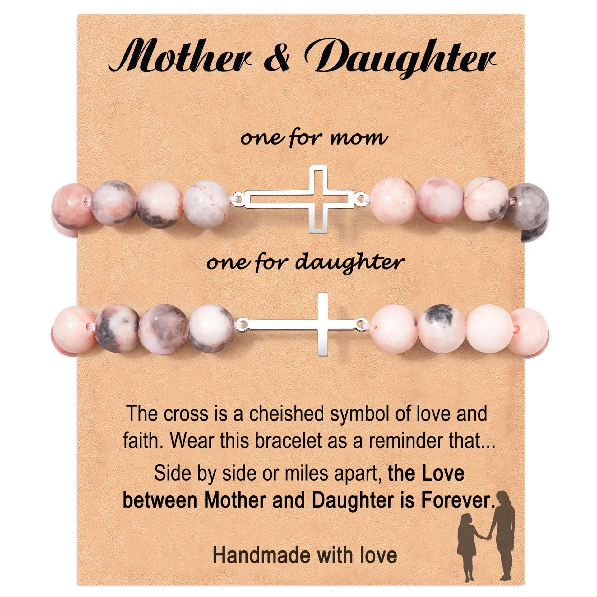 Cross Bracelet Set 8mm Pink Zebra Black Frosted Stainless Steel Hollow Cross Pink Zebra Bracelet Set